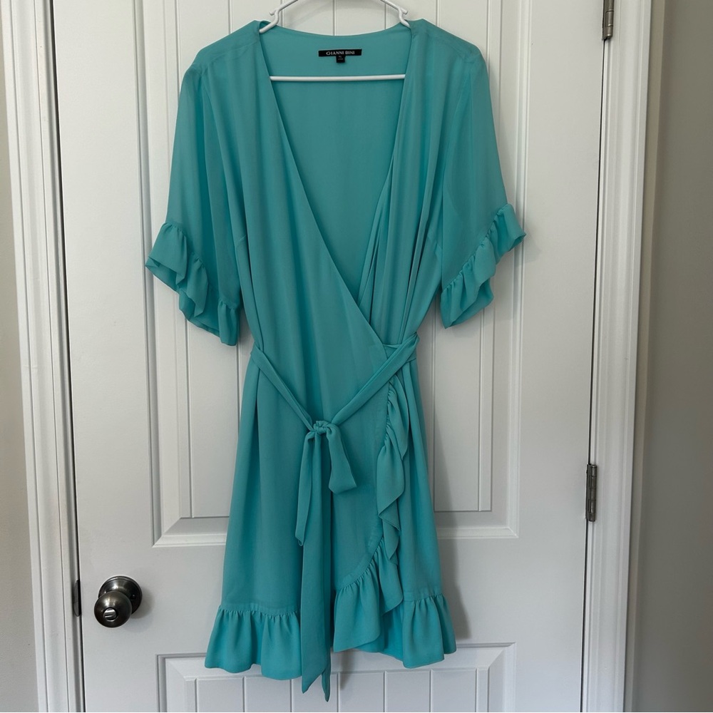 Gianni Bini Aqua Teal Ruffle sleeve Wrap Dress XL